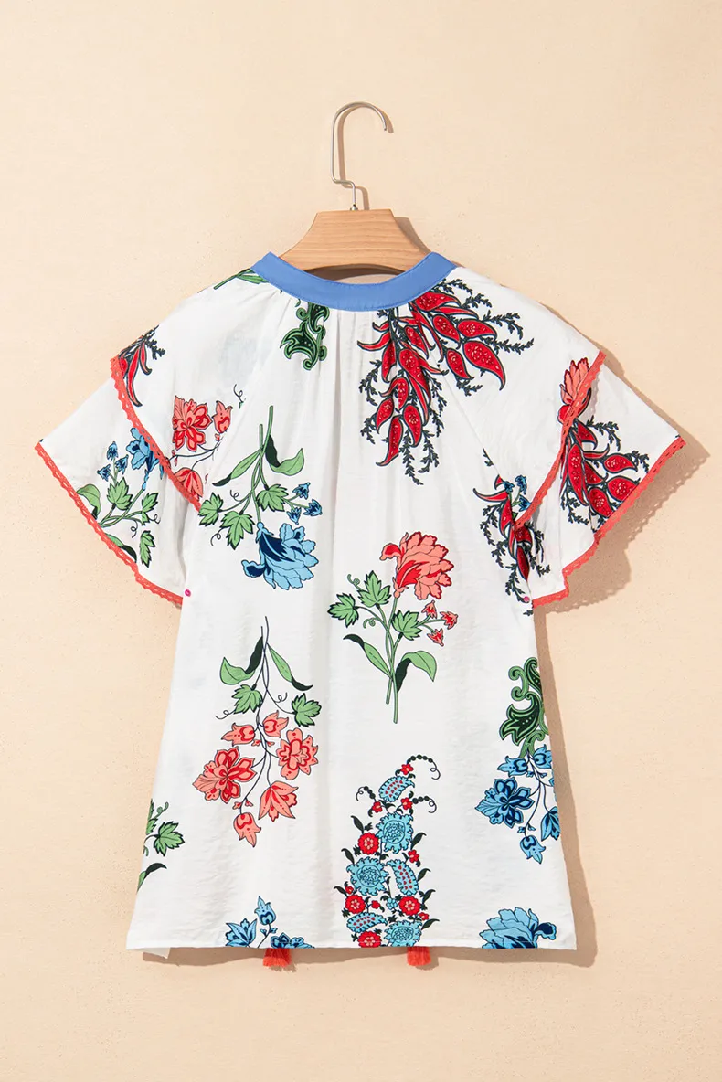 Summer New Style V-neck Chiffon Top Women's Casual Floral Print Overhead Shirt Loose Fit Three-quarter Sleeve Regular Length display picture 4