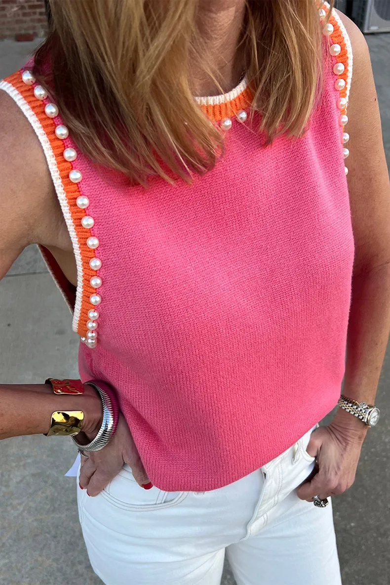 Summer 2025 Women's Round Neck Loose Sleeveless Pullover Vest Fashionable Versatile Beaded Casual Style Color Block Design display picture 1