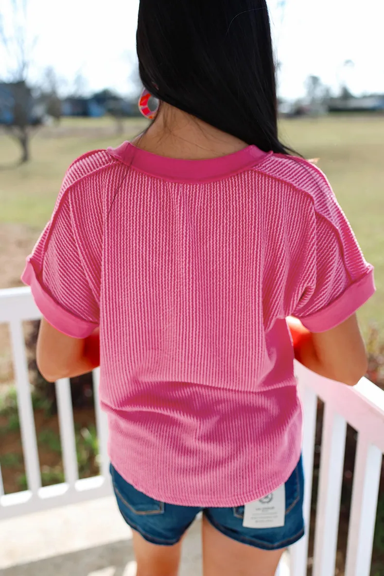 Summer New Loose Knitted V-Neck Short Sleeve T-Shirt Women's Pure Color Texture Pullover Casual Style Polyester Rayon Fiber display picture 3