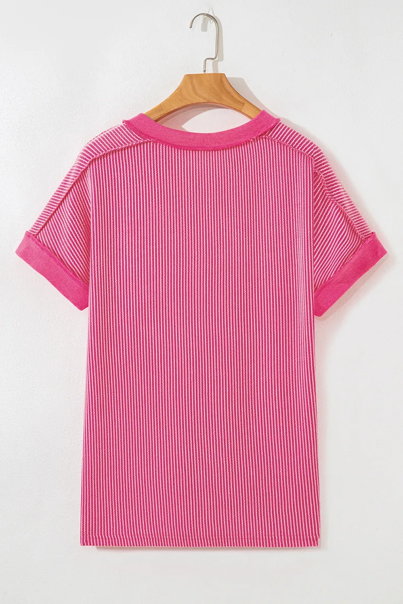 Summer New Loose Knitted V-Neck Short Sleeve T-Shirt Women's Pure Color Texture Pullover Casual Style Polyester Rayon Fiber display picture 5