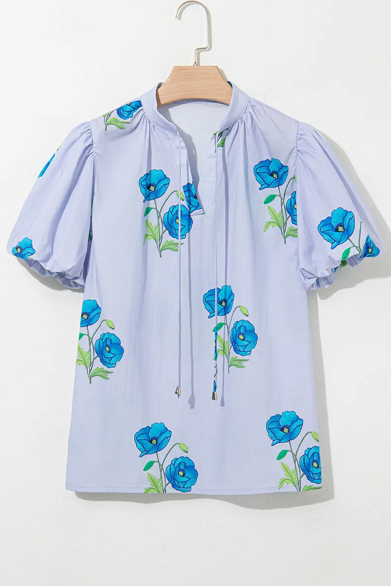 Summer 2025 Women's V-Neck Bubble Sleeve Printed Chiffon Top Fashionable Versatile Loose Fit Casual Style Three-Quarter Length display picture 4