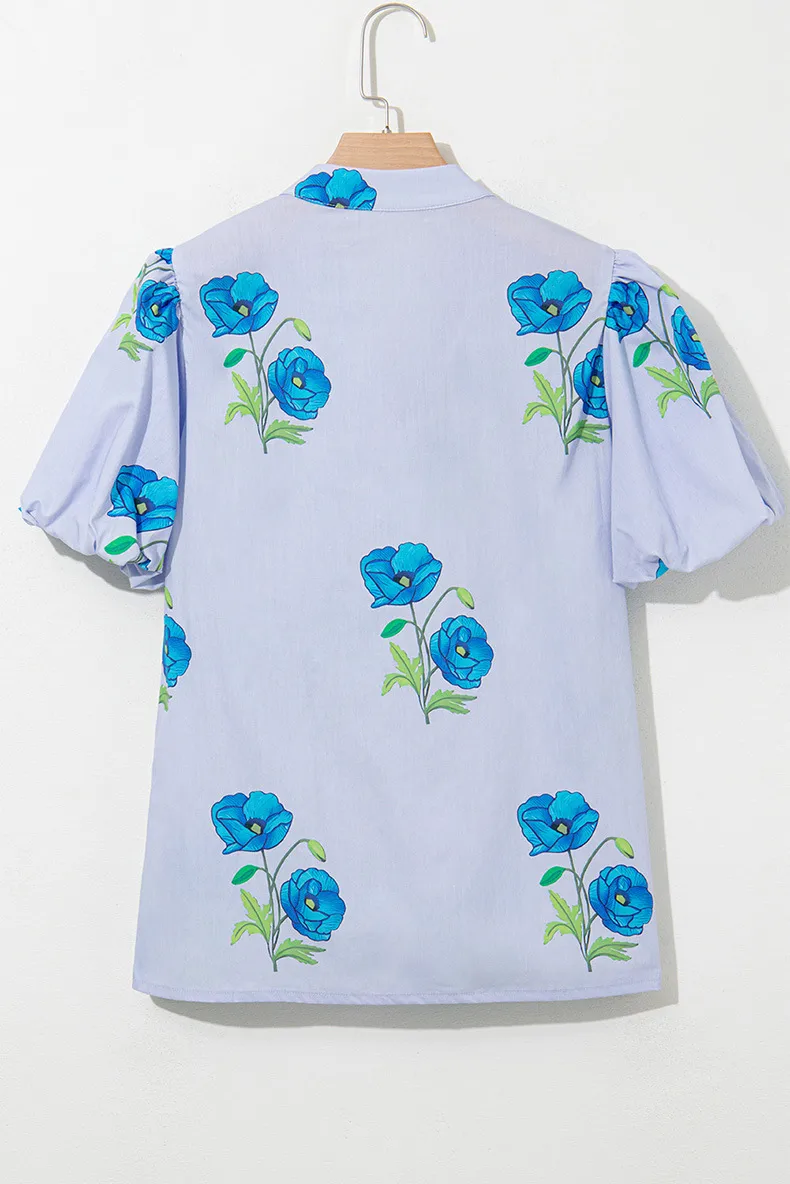 Summer 2025 Women's V-Neck Bubble Sleeve Printed Chiffon Top Fashionable Versatile Loose Fit Casual Style Three-Quarter Length display picture 5