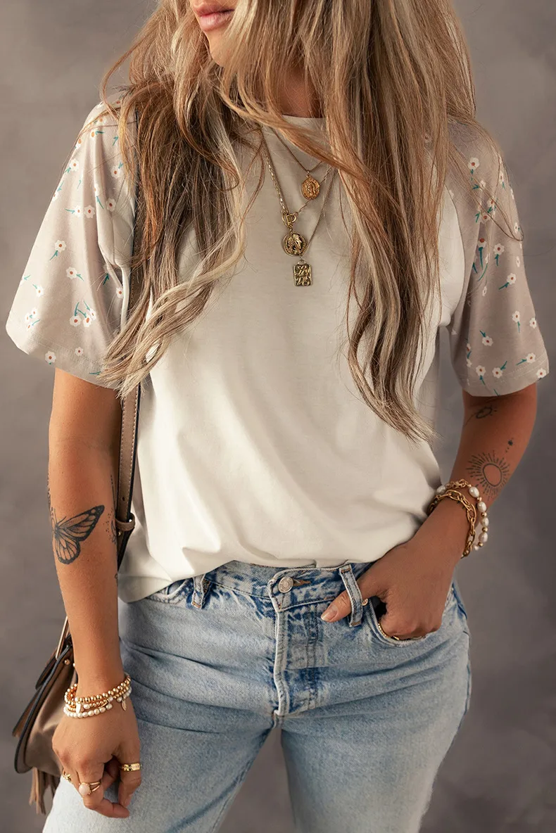 Summer New Floral Print Overhead Shoulder Sleeve Women's T-shirt Round Neck Short Sleeve Casual Style Loose Fit Cotton Polyester Blend display picture 1