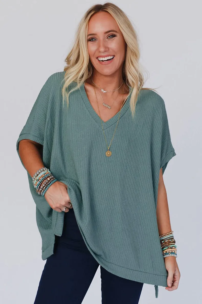 Summer New Pure Color V-Neck Ribbed Loose Women's T-shirt Casual Style Cover-Up Short Sleeve Comfortable Breathable Top display picture 1