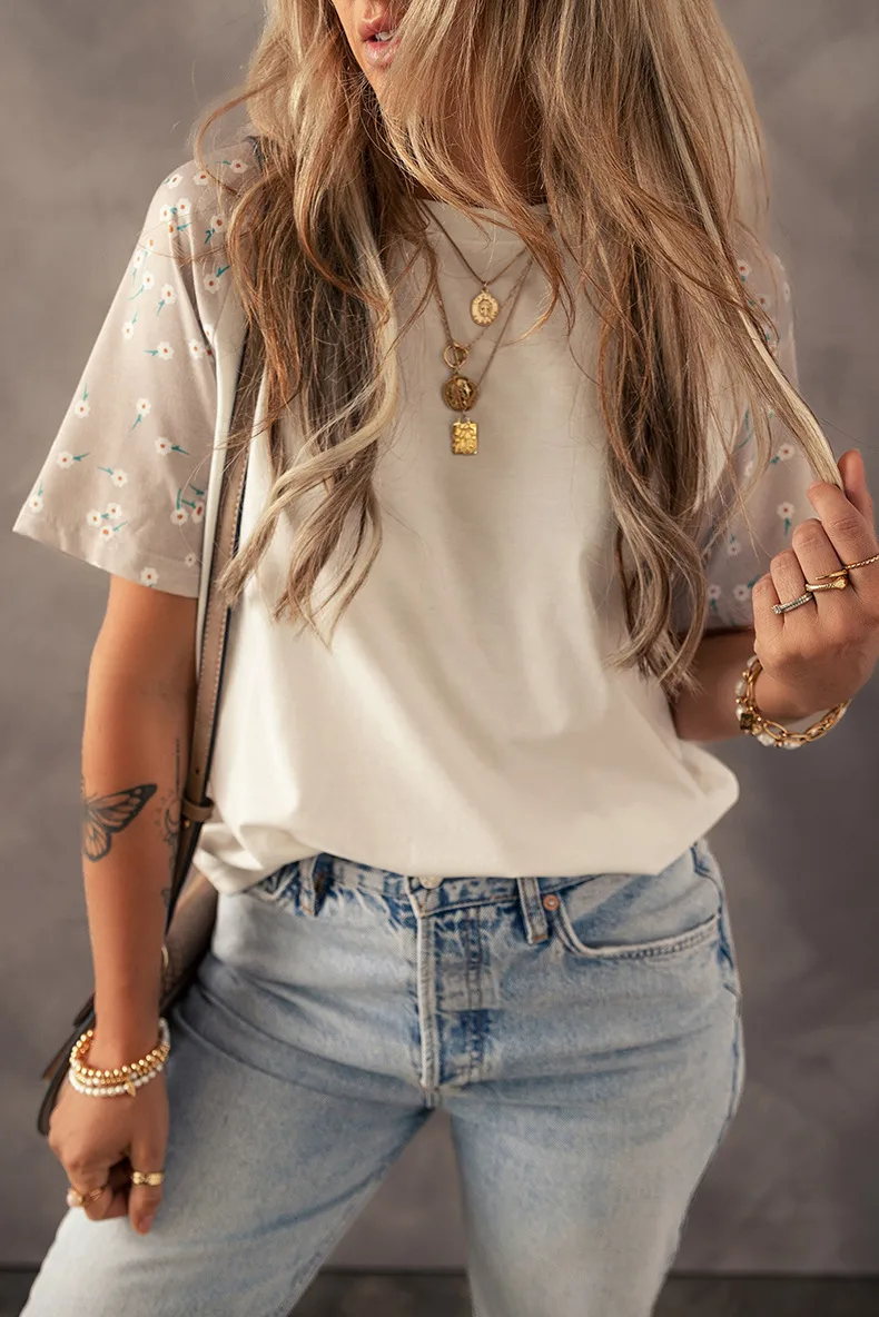Summer New Floral Print Overhead Shoulder Sleeve Women's T-shirt Round Neck Short Sleeve Casual Style Loose Fit Cotton Polyester Blend display picture 3