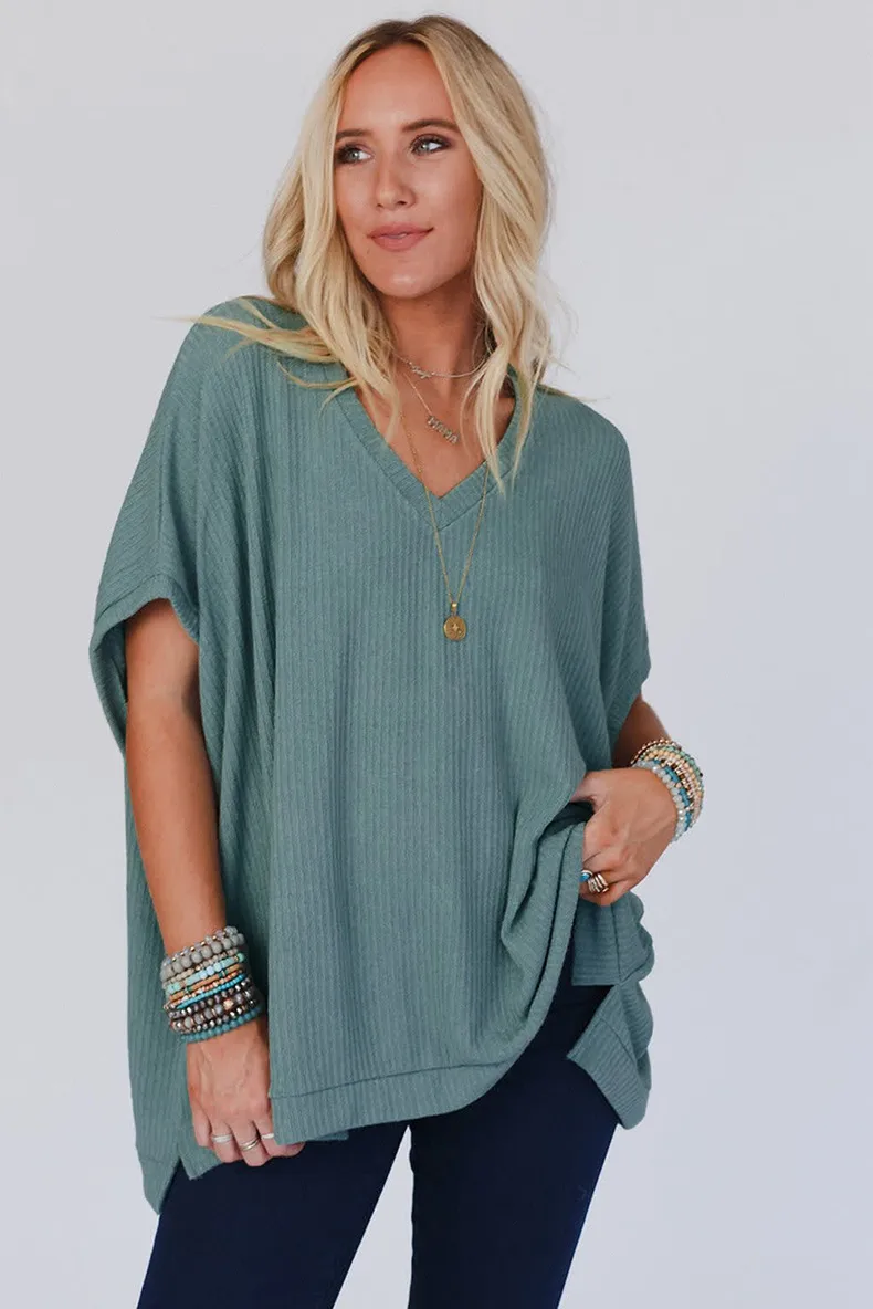 Summer New Pure Color V-Neck Ribbed Loose Women's T-shirt Casual Style Cover-Up Short Sleeve Comfortable Breathable Top display picture 2