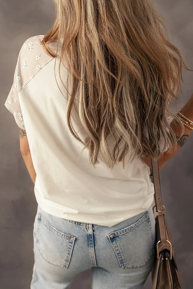 Summer New Floral Print Overhead Shoulder Sleeve Women's T-shirt Round Neck Short Sleeve Casual Style Loose Fit Cotton Polyester Blend display picture 4