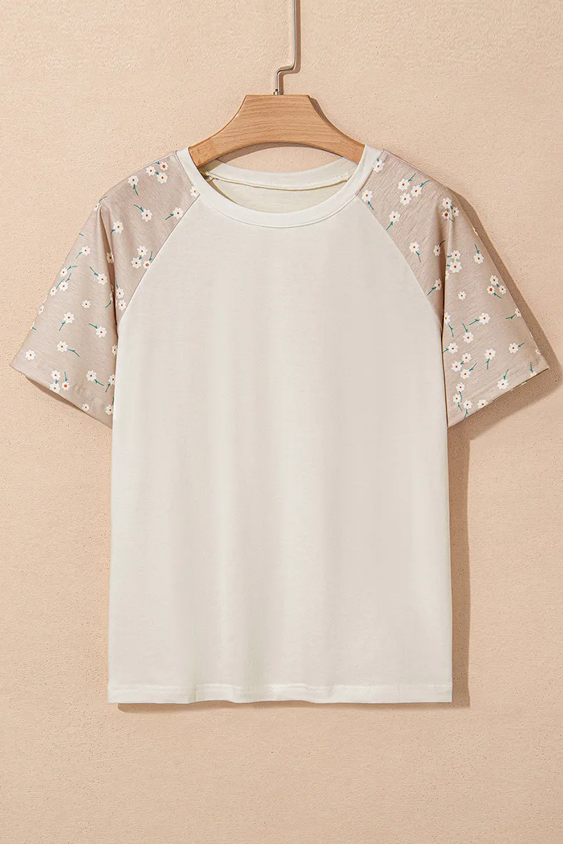Summer New Floral Print Overhead Shoulder Sleeve Women's T-shirt Round Neck Short Sleeve Casual Style Loose Fit Cotton Polyester Blend display picture 5