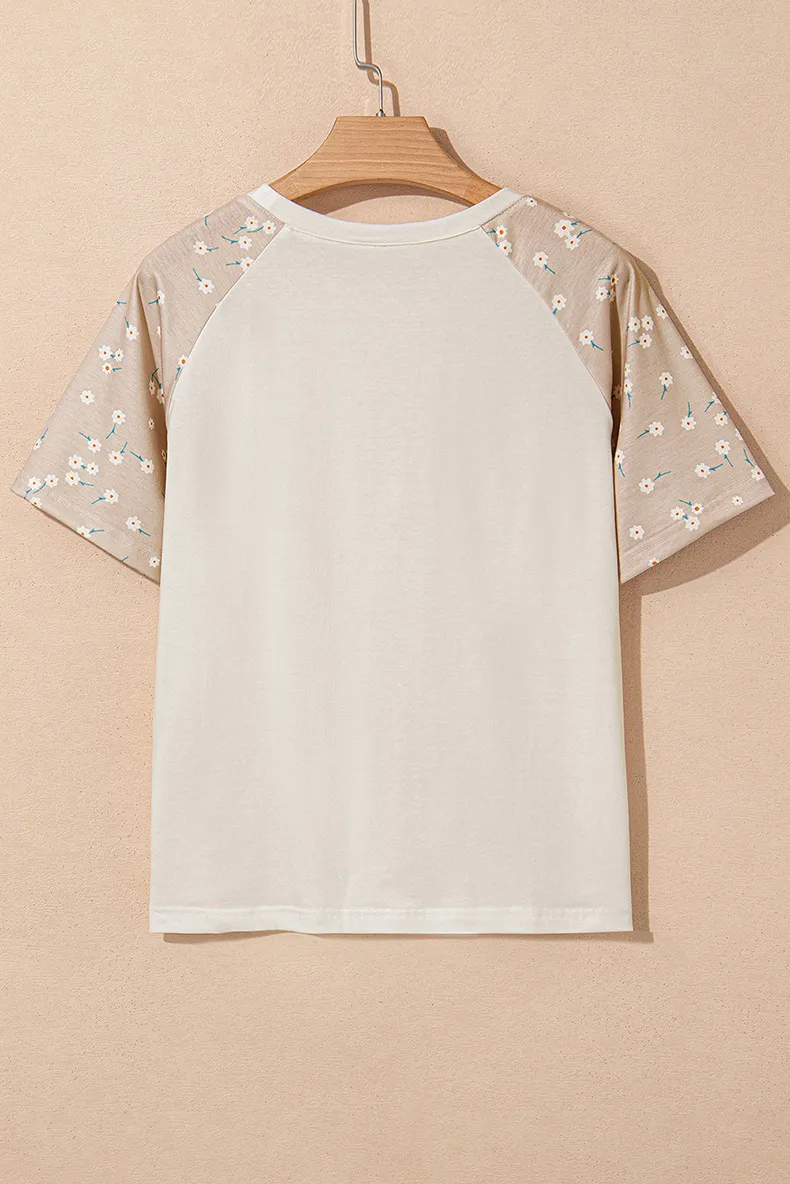 Summer New Floral Print Overhead Shoulder Sleeve Women's T-shirt Round Neck Short Sleeve Casual Style Loose Fit Cotton Polyester Blend display picture 6