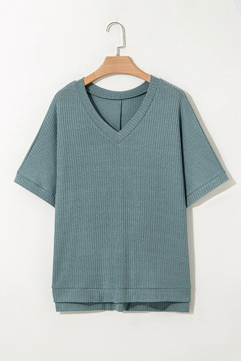 Summer New Pure Color V-Neck Ribbed Loose Women's T-shirt Casual Style Cover-Up Short Sleeve Comfortable Breathable Top display picture 4