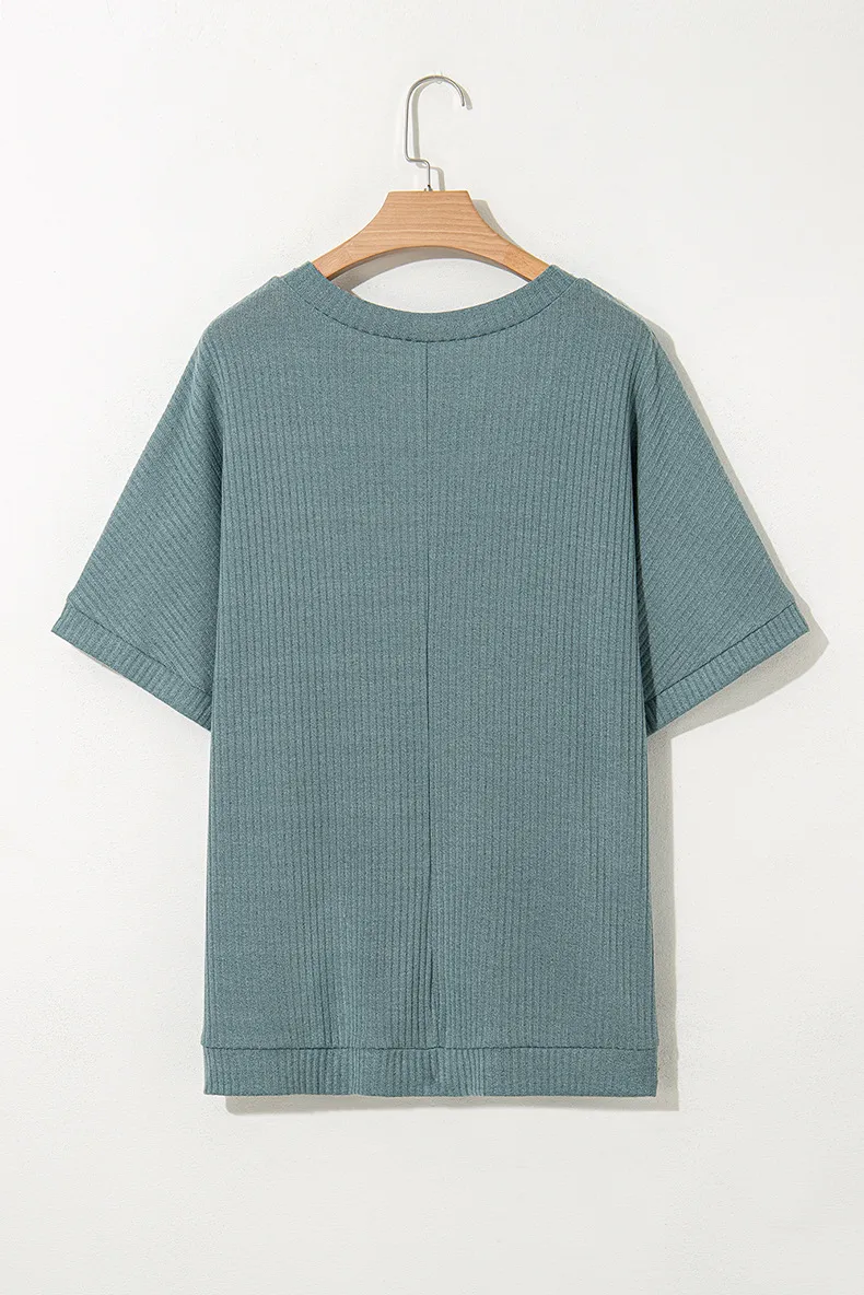 Summer New Pure Color V-Neck Ribbed Loose Women's T-shirt Casual Style Cover-Up Short Sleeve Comfortable Breathable Top display picture 5