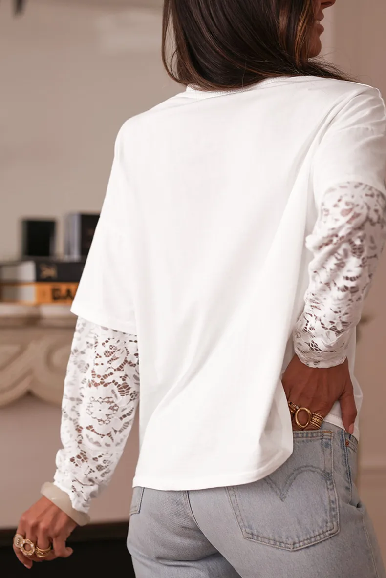 Spring 2025 Women's Long Sleeve Lace Hollow Out T-Shirt Round Neck Pullover Loose Solid Color Casual Style Cotton Polyester display picture 4