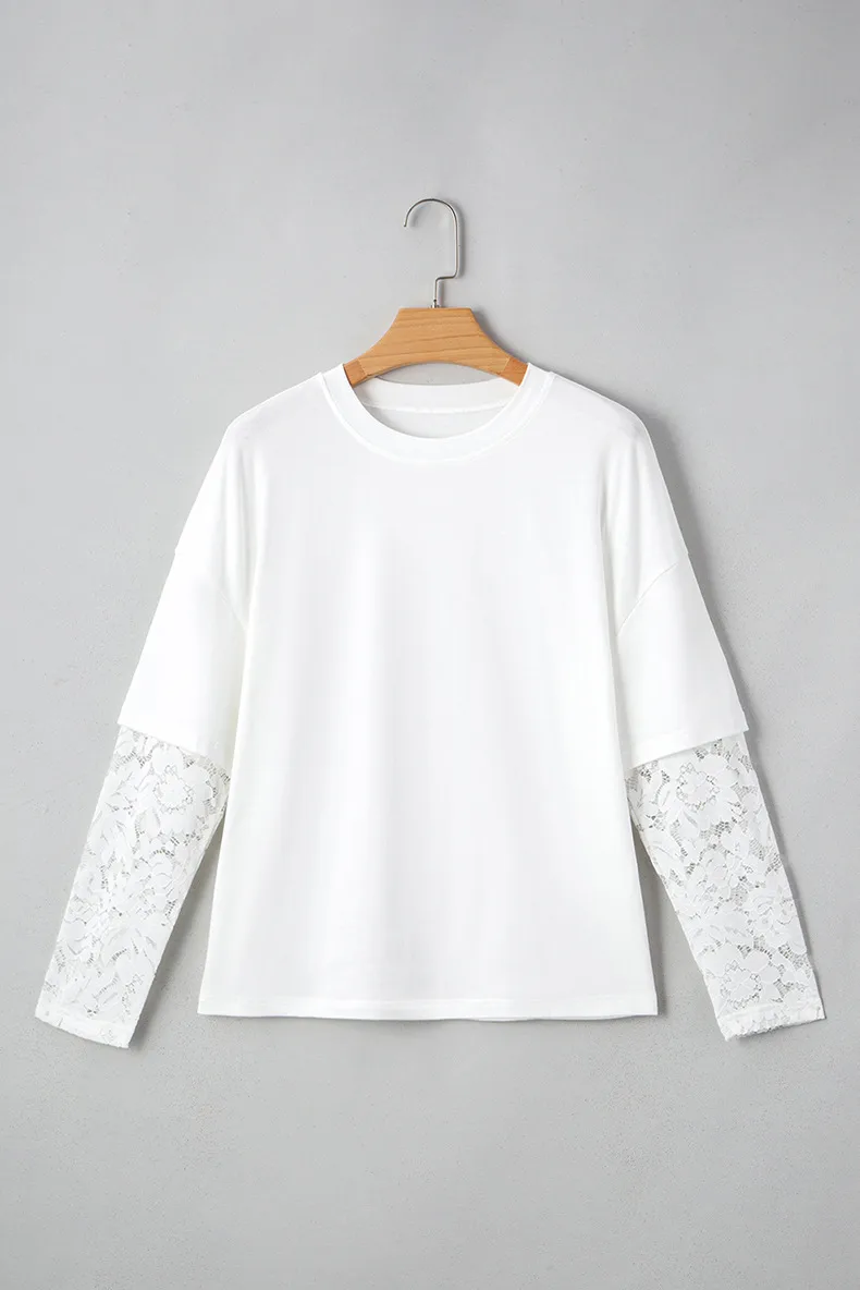 Spring 2025 Women's Long Sleeve Lace Hollow Out T-Shirt Round Neck Pullover Loose Solid Color Casual Style Cotton Polyester display picture 5