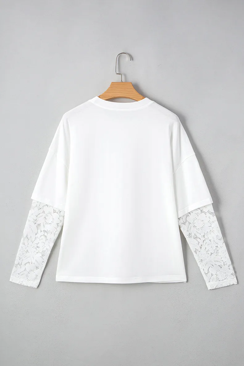 Spring 2025 Women's Long Sleeve Lace Hollow Out T-Shirt Round Neck Pullover Loose Solid Color Casual Style Cotton Polyester display picture 6