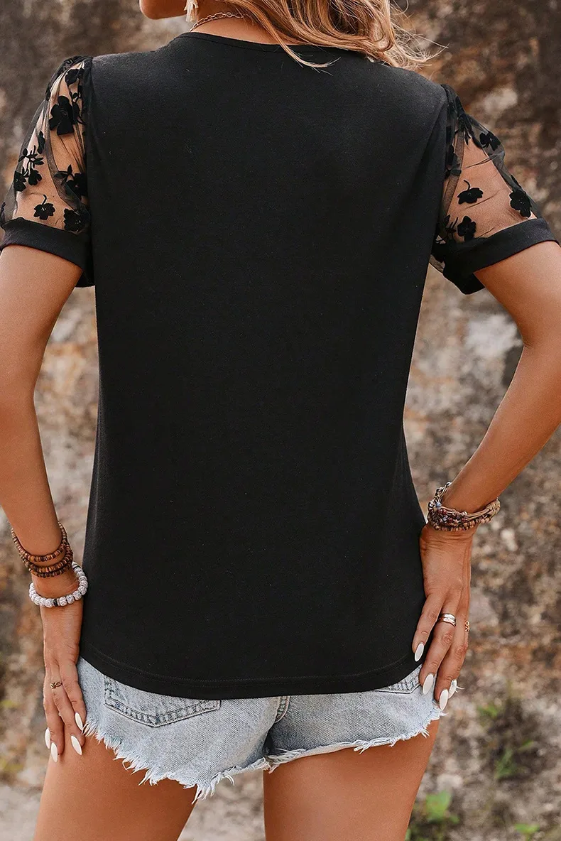 Summer 2025 Women's Floral Mesh Splice Short Sleeve T-Shirt Round Neck Oversize Hoodie Street Style High Street Loose Fit Top display picture 2