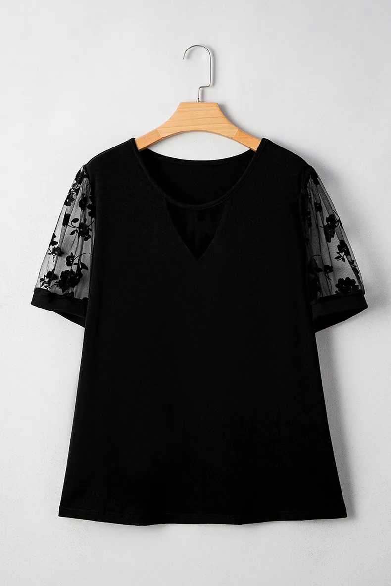 Summer 2025 Women's Floral Mesh Splice Short Sleeve T-Shirt Round Neck Oversize Hoodie Street Style High Street Loose Fit Top display picture 3