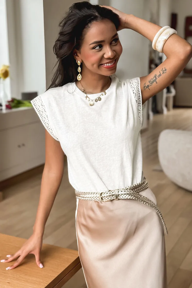 Loose Short Sleeve T-Shirt Women Summer 2025 New Style Lace Trim Sleeve Crew Neck Cotton Polyester Casual Round Neck Top display picture 3
