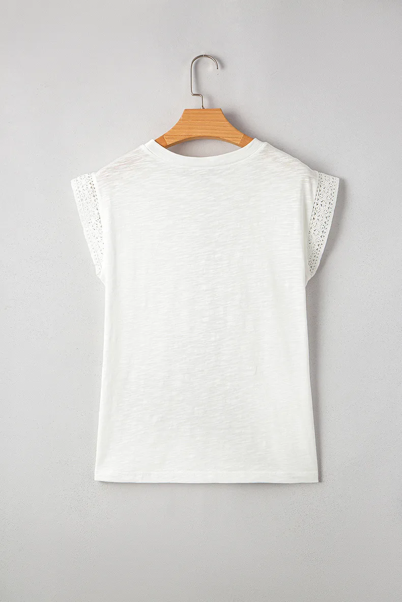 Loose Short Sleeve T-Shirt Women Summer 2025 New Style Lace Trim Sleeve Crew Neck Cotton Polyester Casual Round Neck Top display picture 6
