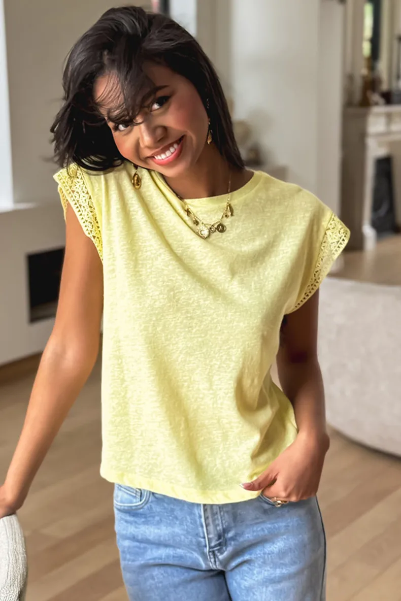Loose Short Sleeve T-Shirt Women Summer 2025 New Style Lace Trim Sleeve Crew Neck Cotton Polyester Casual Round Neck Top display picture 7