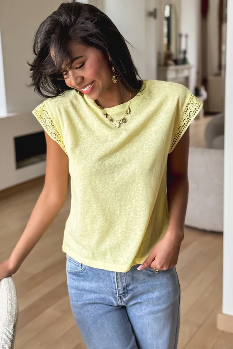 Loose Short Sleeve T-Shirt Women Summer 2025 New Style Lace Trim Sleeve Crew Neck Cotton Polyester Casual Round Neck Top display picture 8