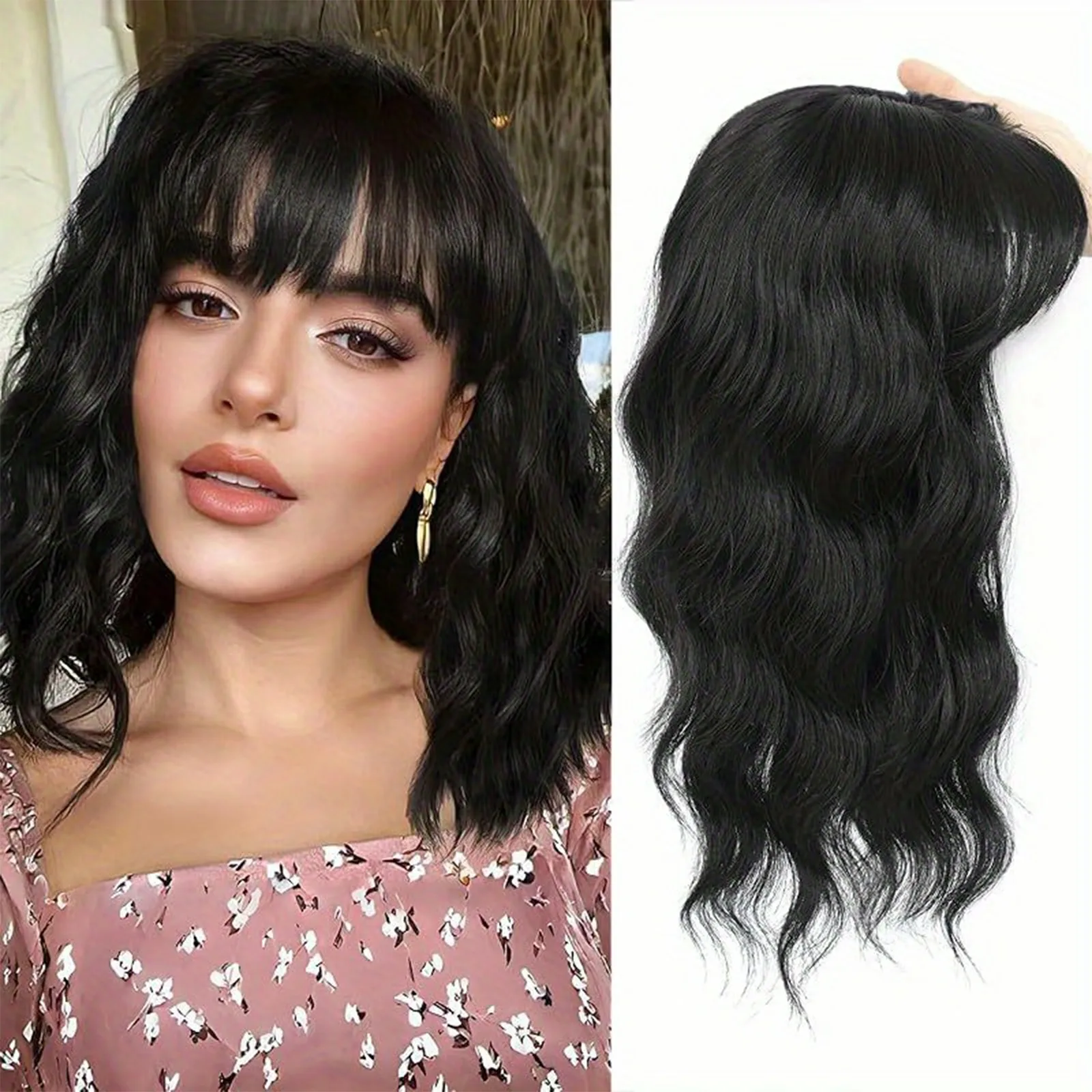 Short Curling Fiber Hair Piece Natural Voluminous Wave Pattern Bangs Hair Extension Block Cover Grey Hair Fake Hair Piece display picture 1