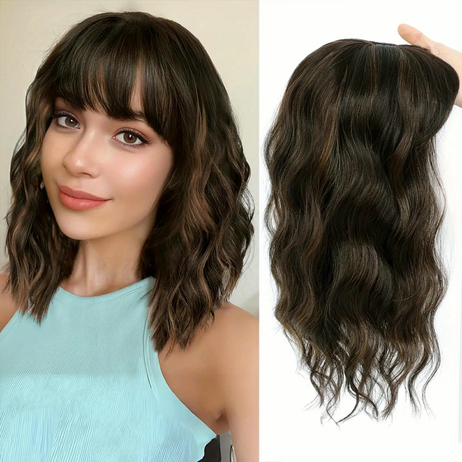 Short Curling Fiber Hair Piece Natural Voluminous Wave Pattern Bangs Hair Extension Block Cover Grey Hair Fake Hair Piece display picture 3