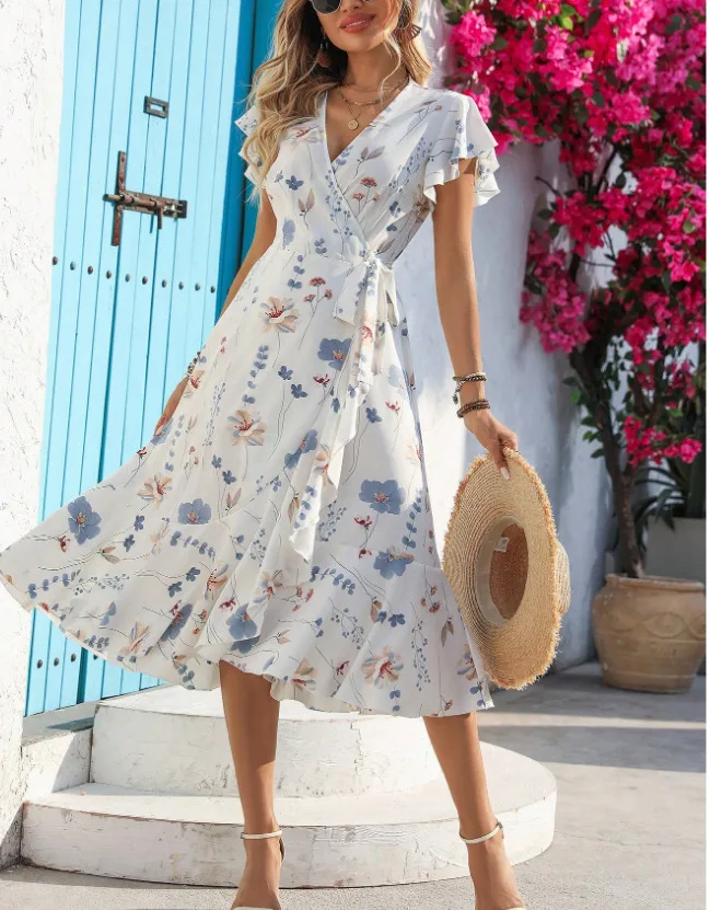 Foreign Trade  Women's Clothing   Independent Station Summer Printing Ruffled Short Sleeve Lace Dress display picture 1