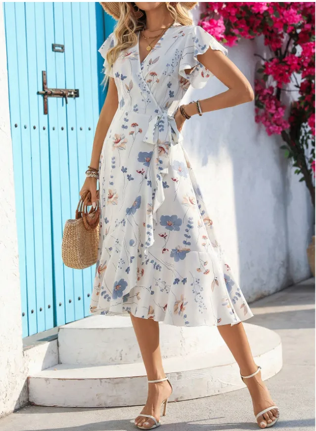 Foreign Trade  Women's Clothing   Independent Station Summer Printing Ruffled Short Sleeve Lace Dress display picture 4