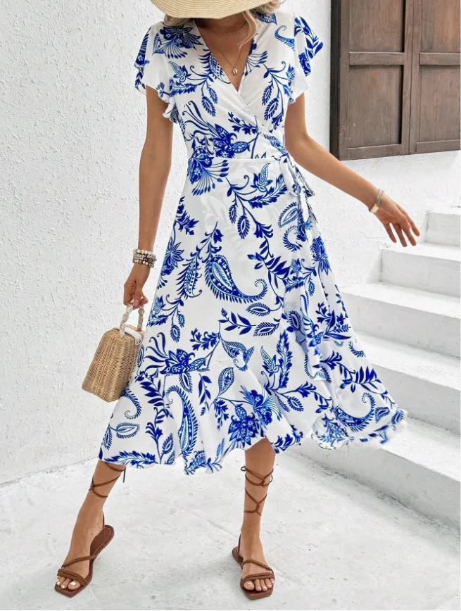 Foreign Trade  Women's Clothing   Independent Station Summer Printing Ruffled Short Sleeve Lace Dress display picture 5
