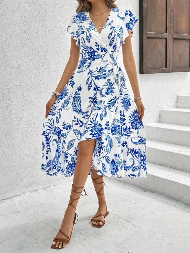 Foreign Trade  Women's Clothing   Independent Station Summer Printing Ruffled Short Sleeve Lace Dress display picture 6