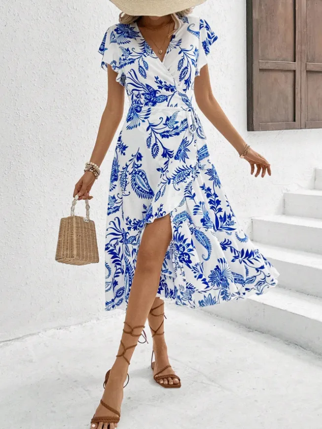 Foreign Trade  Women's Clothing   Independent Station Summer Printing Ruffled Short Sleeve Lace Dress display picture 7