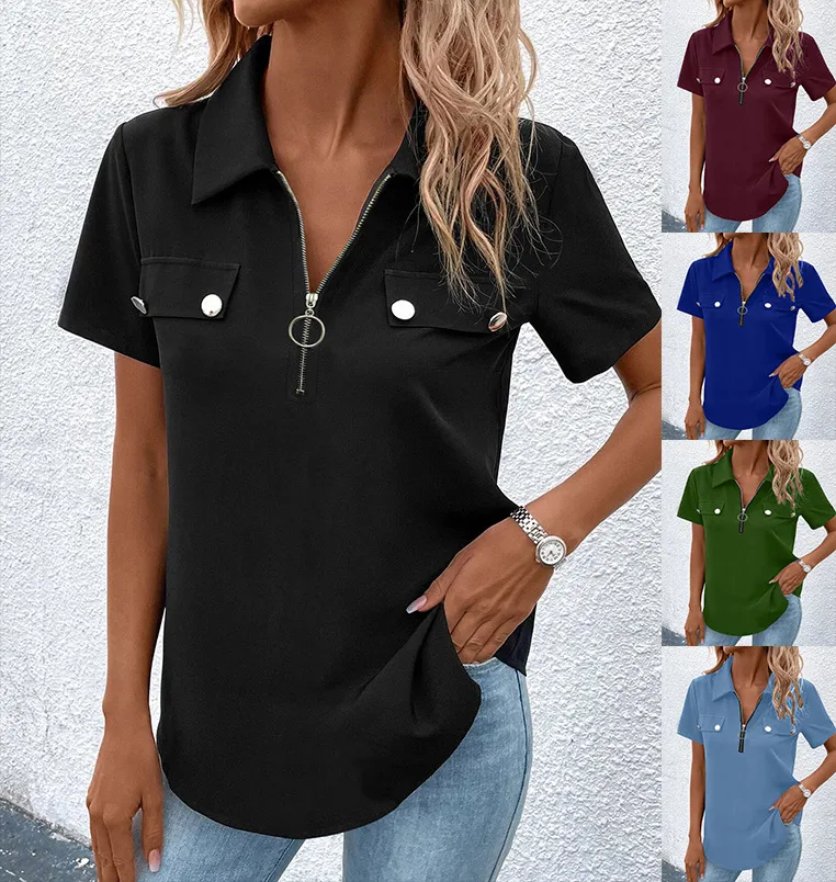 New Spring And Summer Solid Color Zipper Shirt Button Top Women Fashion Casual T-shirt Women's Clothing display picture 2