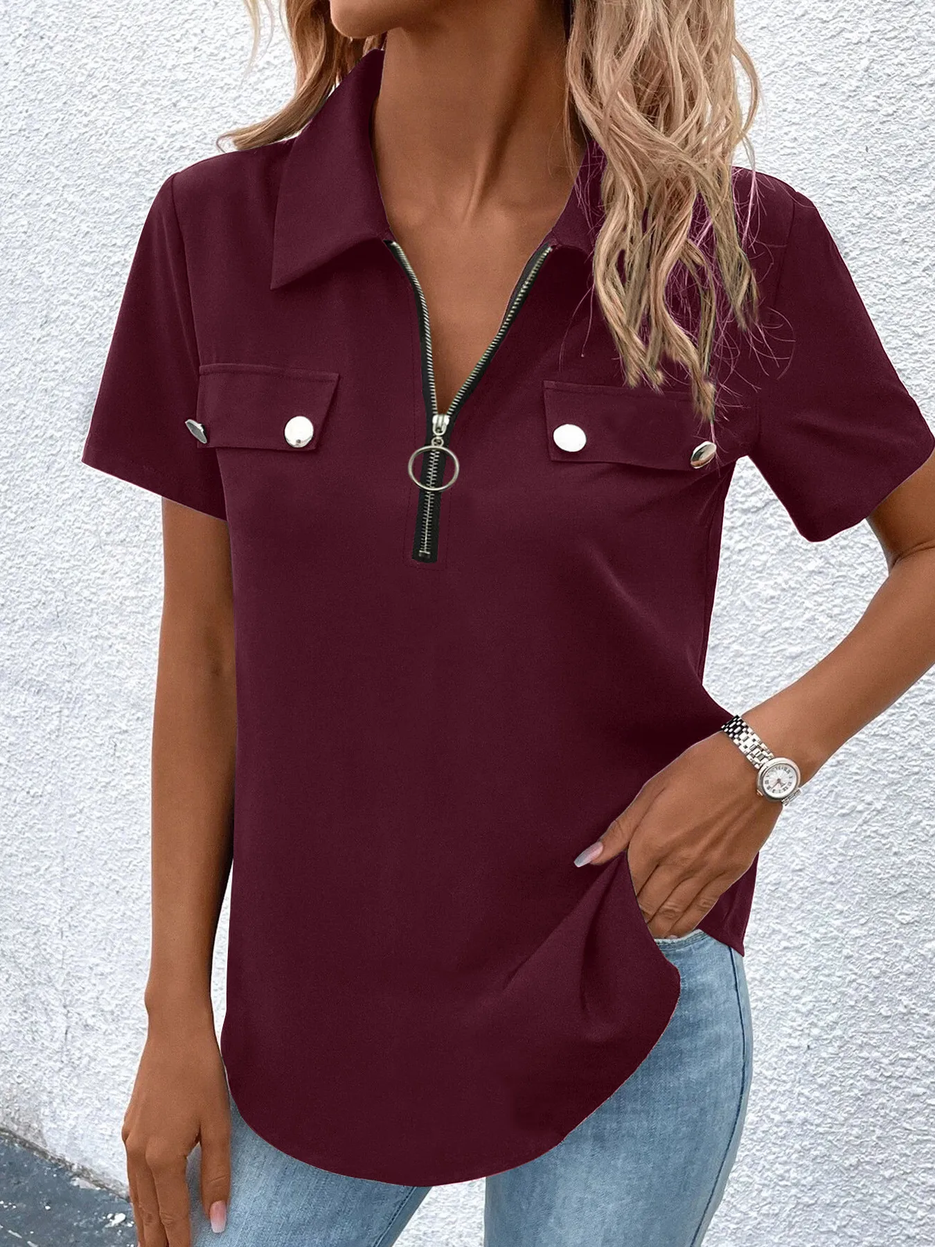 New Spring And Summer Solid Color Zipper Shirt Button Top Women Fashion Casual T-shirt Women's Clothing display picture 9