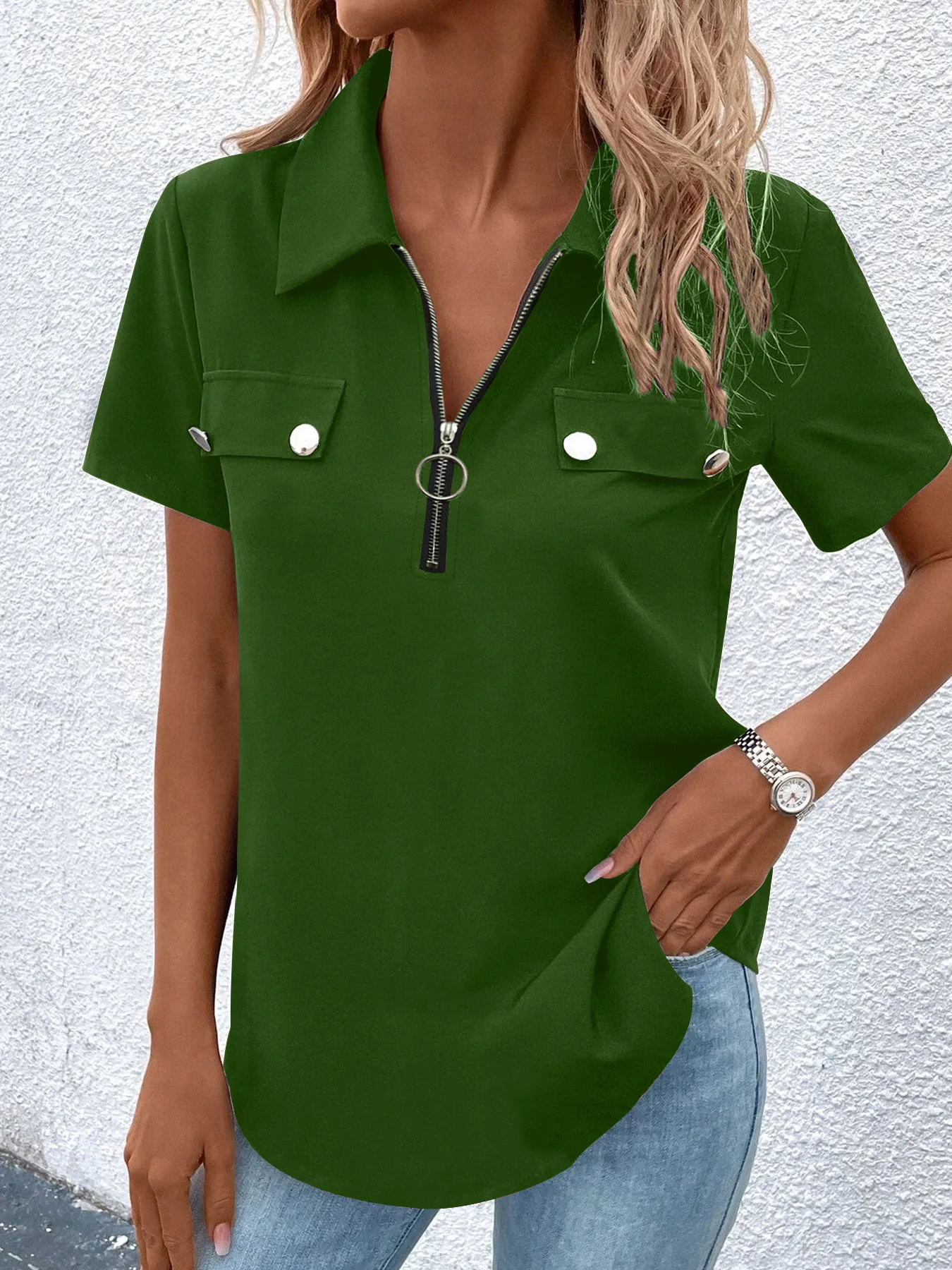 New Spring And Summer Solid Color Zipper Shirt Button Top Women Fashion Casual T-shirt Women's Clothing display picture 15