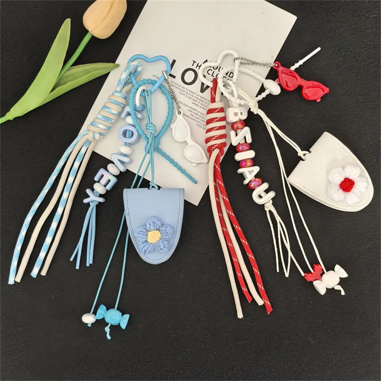 Dopamine Flower Miu Bag Hanging Girl's Heart Colorful Braided Rope Bag Pendant Creative Car Keychain All-match display picture 5