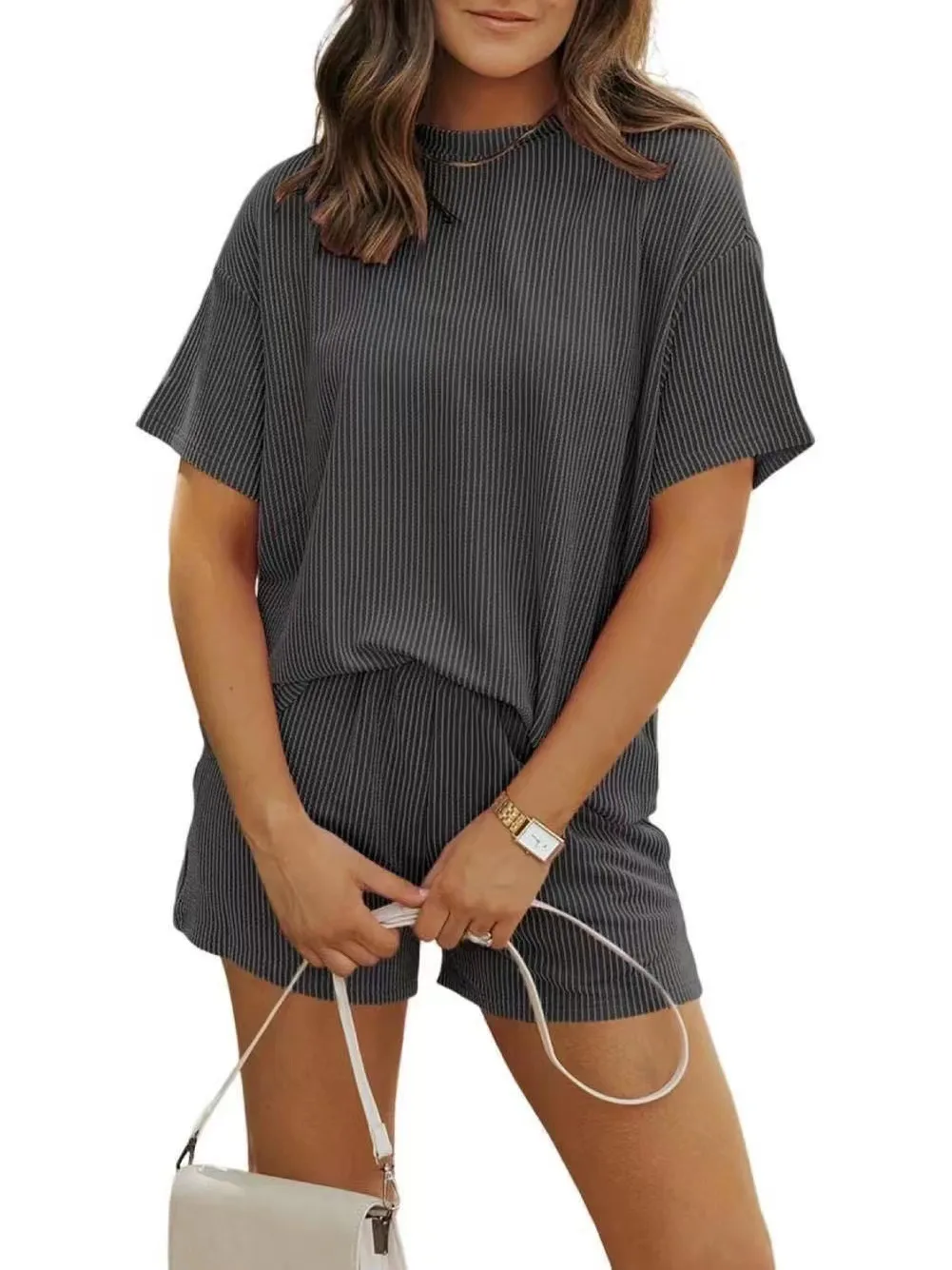 Independent Station Explosive  Europe And The United States Summer Leisure Fashion Striped New Round Neck Women's Suit display picture 6