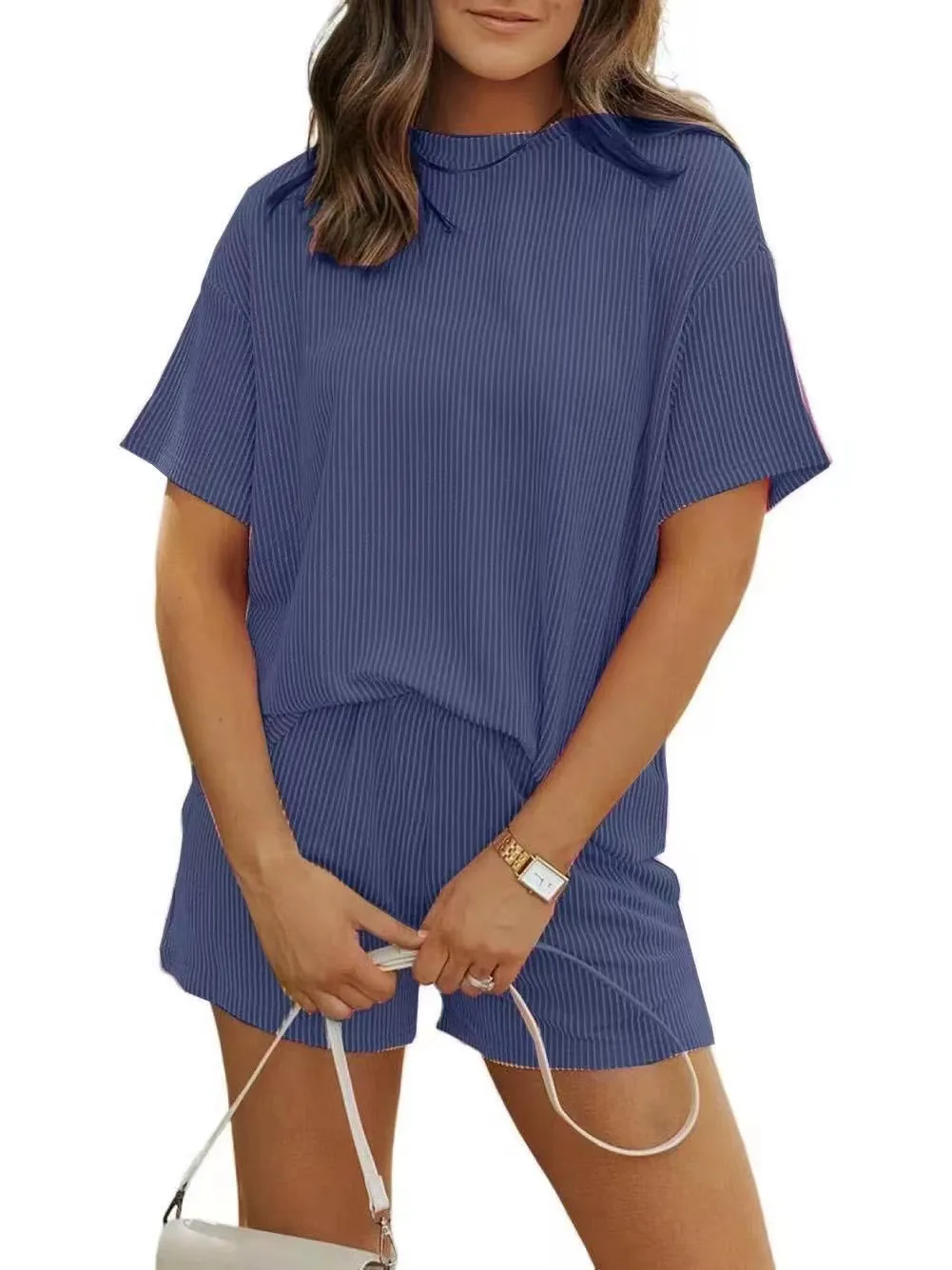 Independent Station Explosive  Europe And The United States Summer Leisure Fashion Striped New Round Neck Women's Suit display picture 8