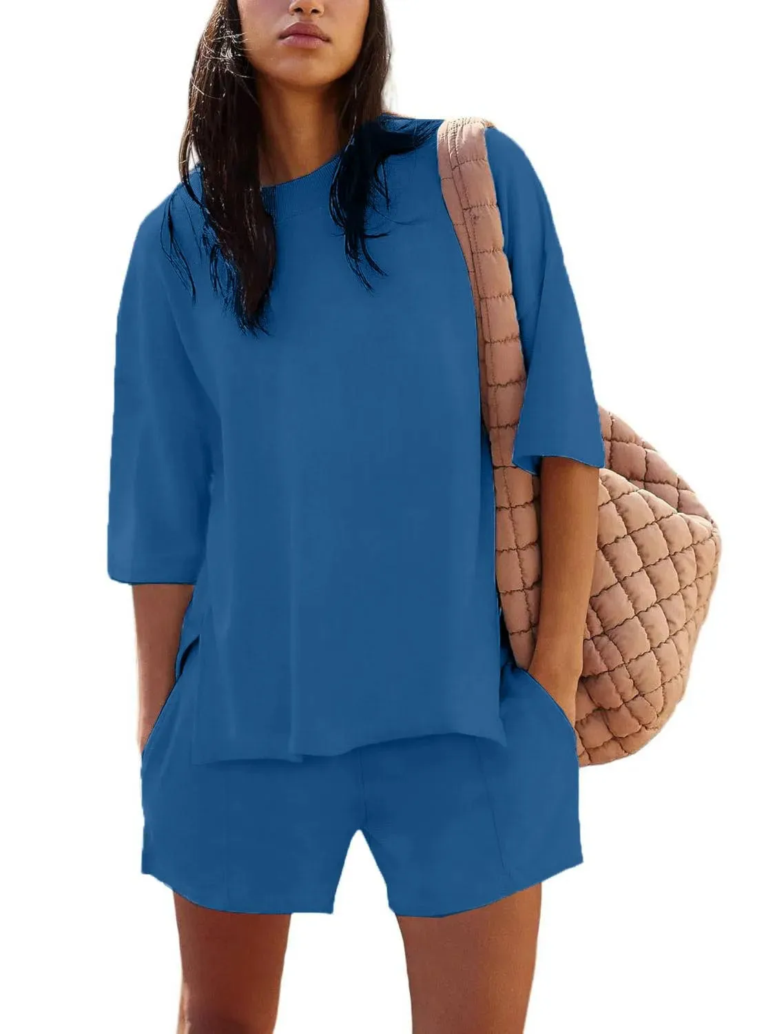 Summer  New  Foreign Trade Women's 2-piece Set Short-sleeved Top And Loop Shorts Casual Suit display picture 3