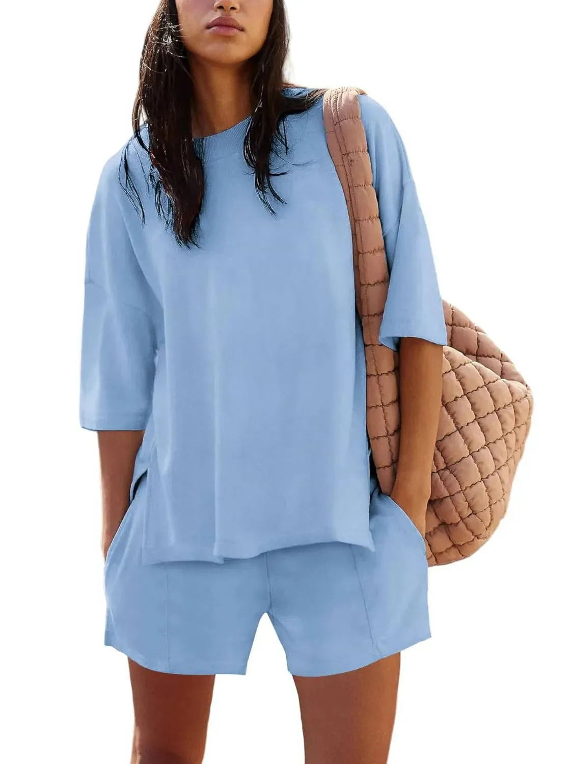 Summer  New  Foreign Trade Women's 2-piece Set Short-sleeved Top And Loop Shorts Casual Suit display picture 6