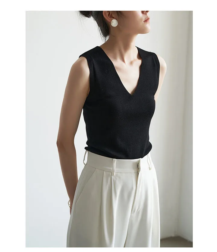Camisole Women's Spring And Autumn Knitwear V-Neck Sleeveless Suit With Base Shirt Fashionable Stylish Ice Silk Top display picture 8