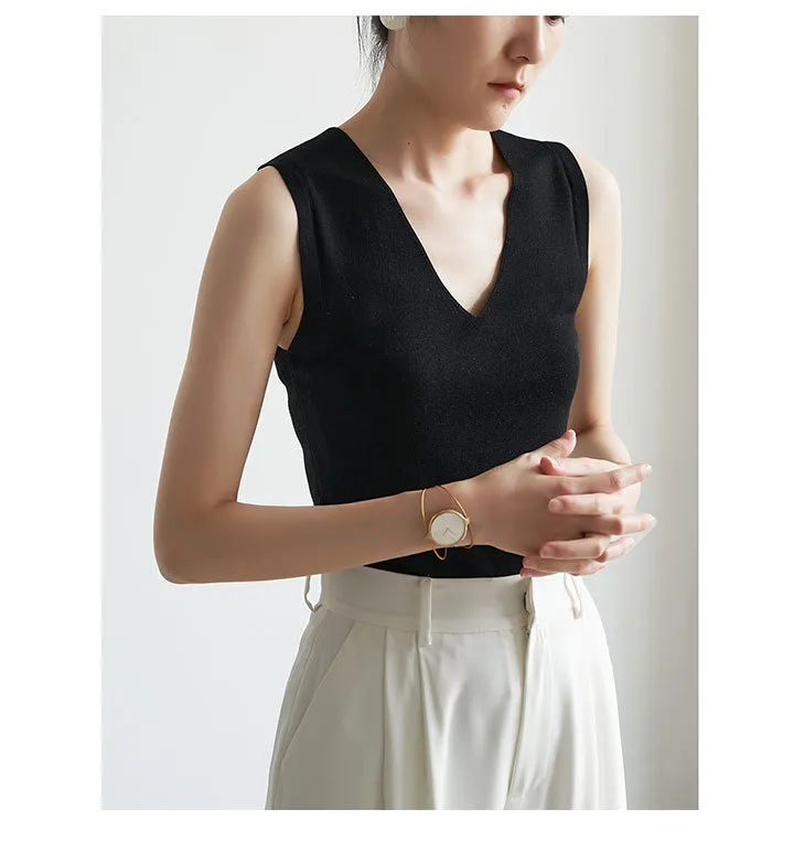 Camisole Women's Spring And Autumn Knitwear V-Neck Sleeveless Suit With Base Shirt Fashionable Stylish Ice Silk Top display picture 9