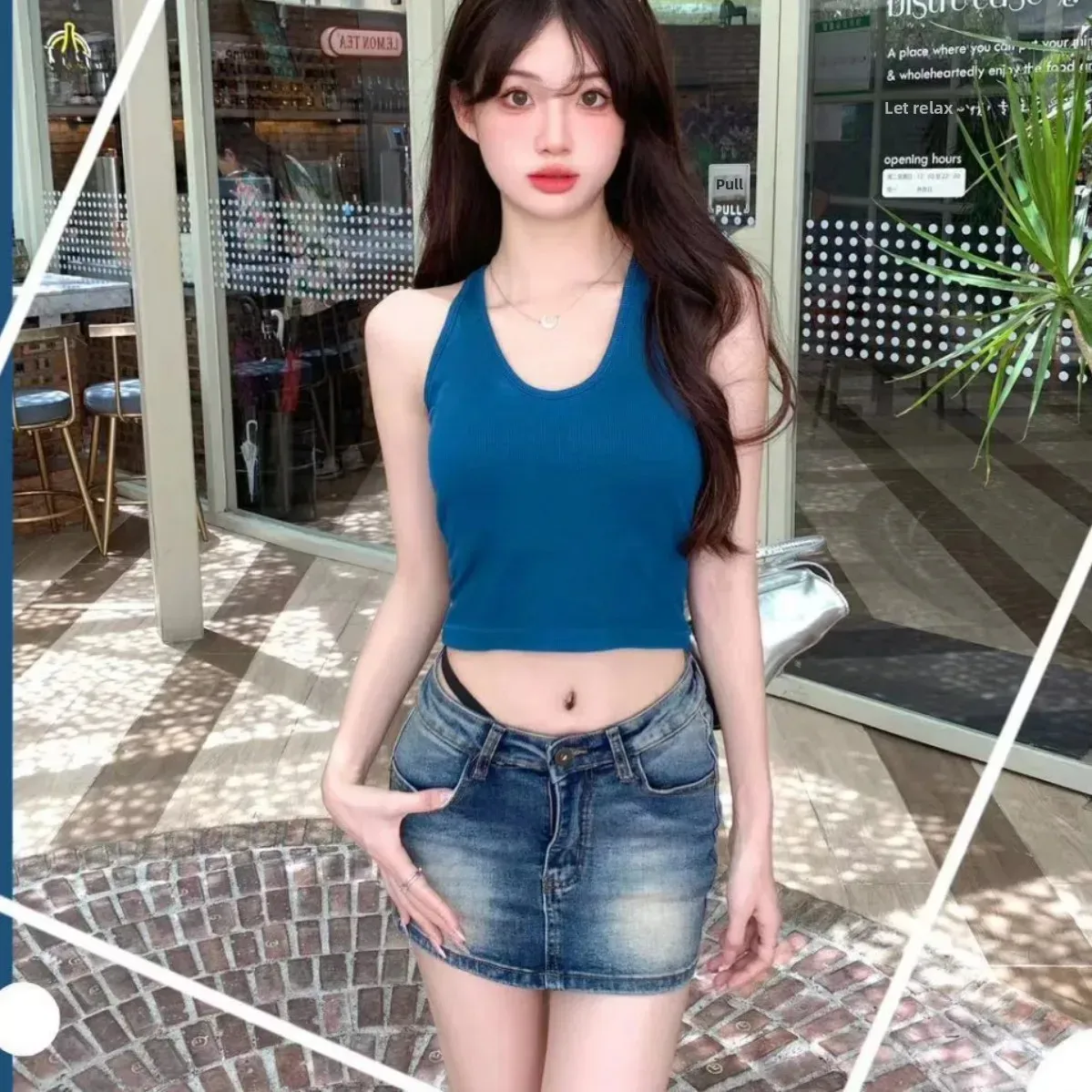 Explosions 298# Hanging Neck U Collar Tibetan Blue Camisole Women With Chest Pad I-back Autumn And Winter With A Base Coat display picture 1