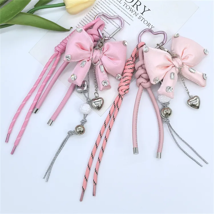 Dopamine Color Miu Style Bag Charm Girly Heart Bowknot Beaded Keychain Backpack Small Pendant display picture 3