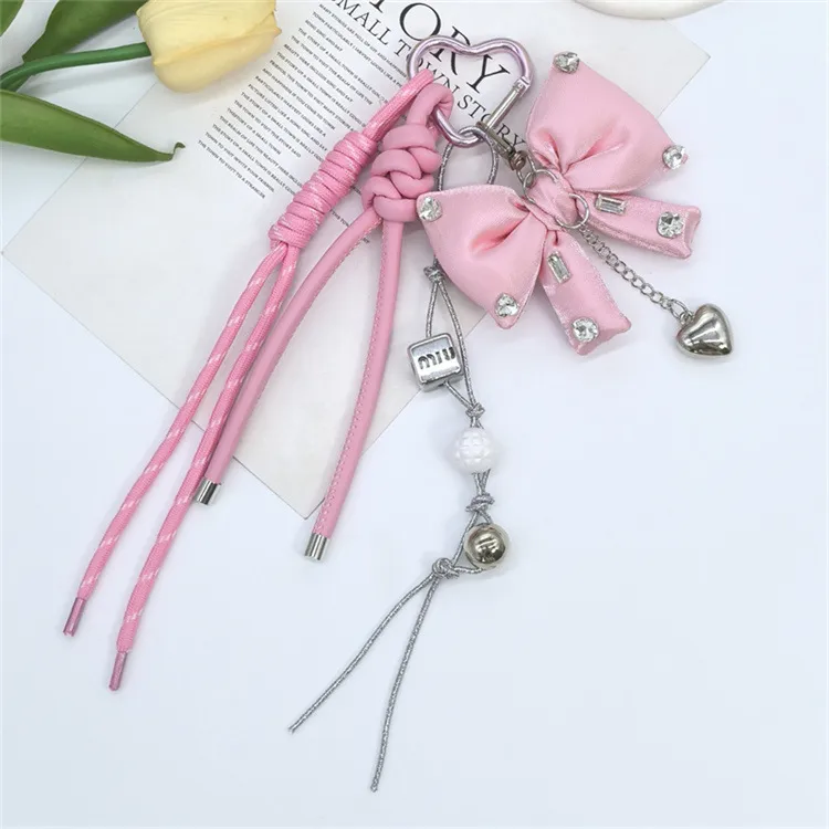 Dopamine Color Miu Style Bag Charm Girly Heart Bowknot Beaded Keychain Backpack Small Pendant display picture 11