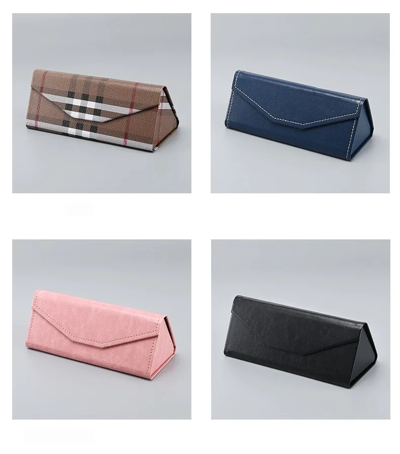New Style Glasses Case Color Old Cowhide Anti-pressure Manual Pressing Triangle Folding Glasses Case Can Be Printed LOGO display picture 2