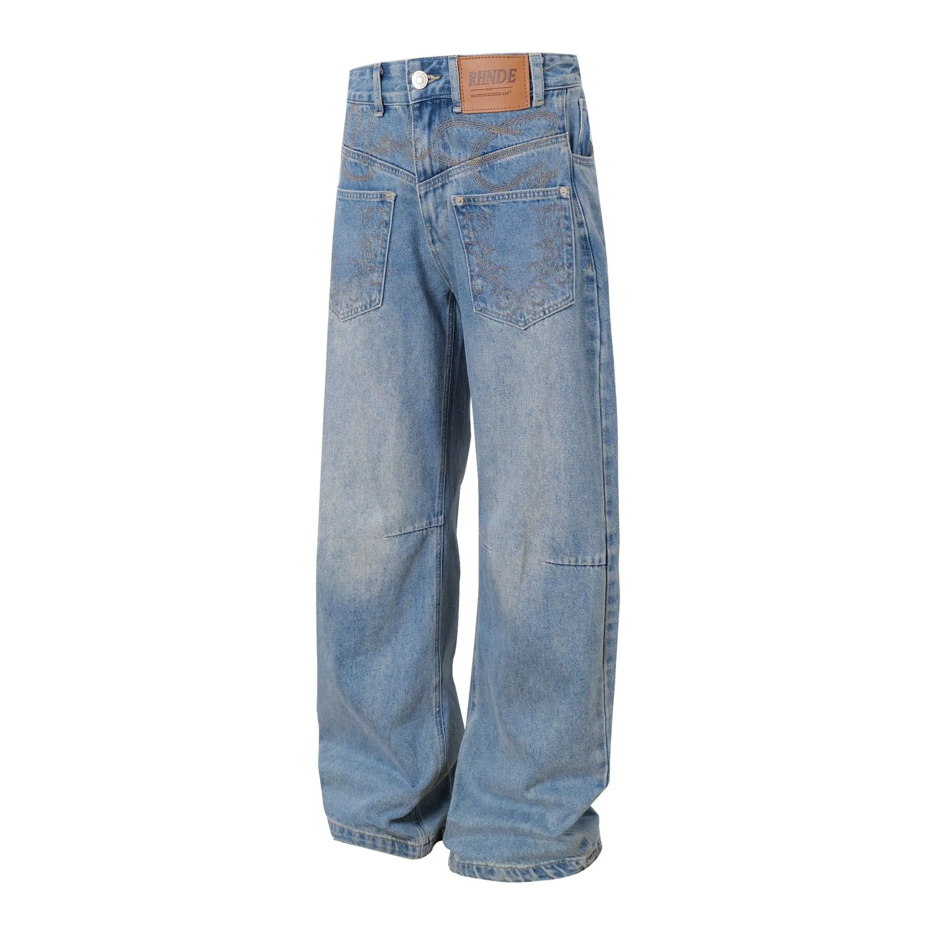Jiayiku Men's  New American Vintage Embroidered Washed Jeans Men's And Women's Vibe Machete Wide Leg Pants display picture 5