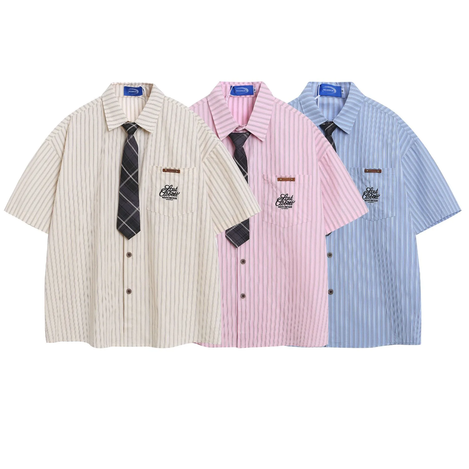 Jiayiku Men's  New American Retro Campus Fashion Couple Striped Tie Shirt Short Sleeve For Men And Women display picture 2