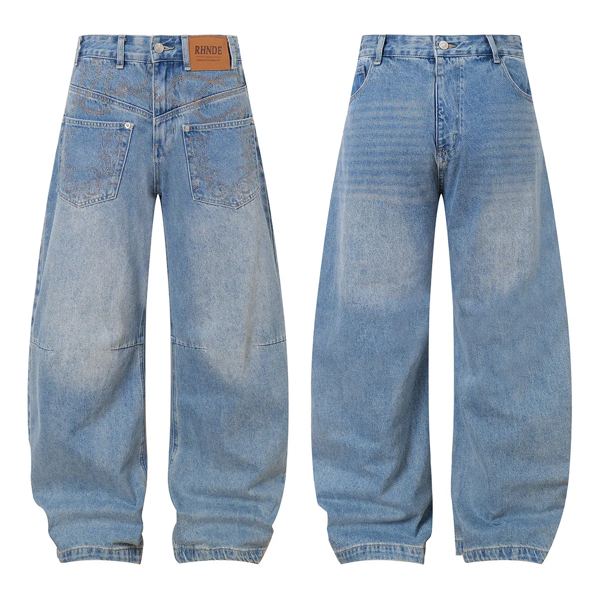 Jiayiku Men's  New American Vintage Embroidered Washed Jeans Men's And Women's Vibe Machete Wide Leg Pants display picture 2
