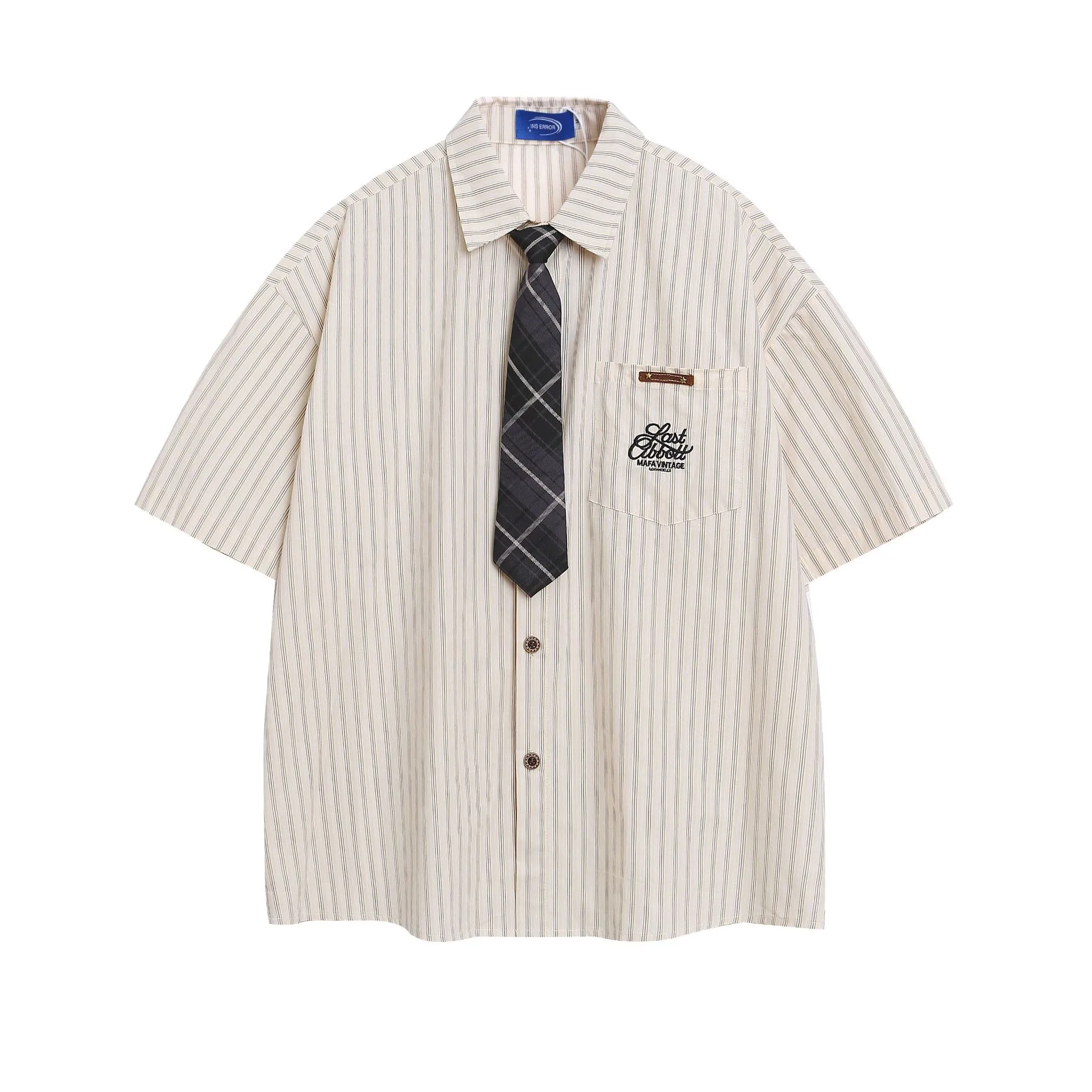 Jiayiku Men's  New American Retro Campus Fashion Couple Striped Tie Shirt Short Sleeve For Men And Women display picture 3