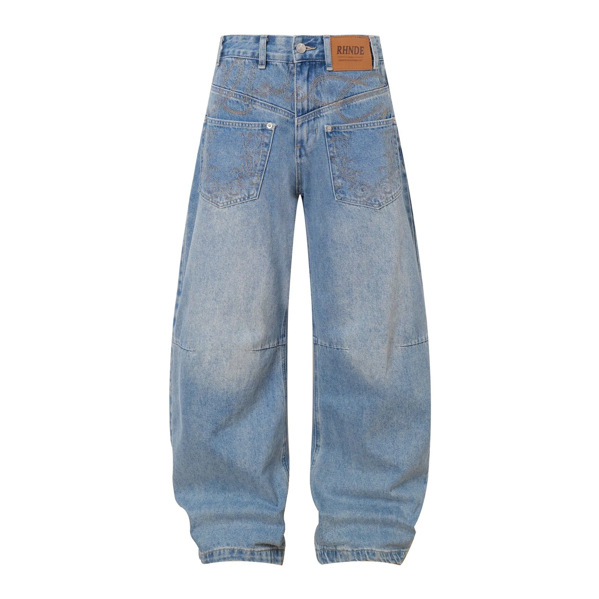Jiayiku Men's  New American Vintage Embroidered Washed Jeans Men's And Women's Vibe Machete Wide Leg Pants display picture 3